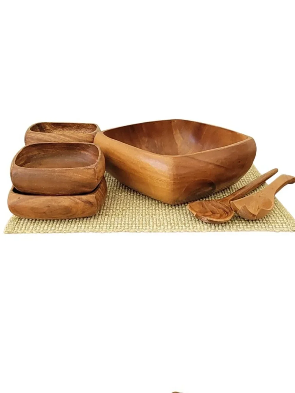 Vintage Monkey Pod Wood Salad Bowl Set Philippines Hand Carved 7 Pc MCM Tiki